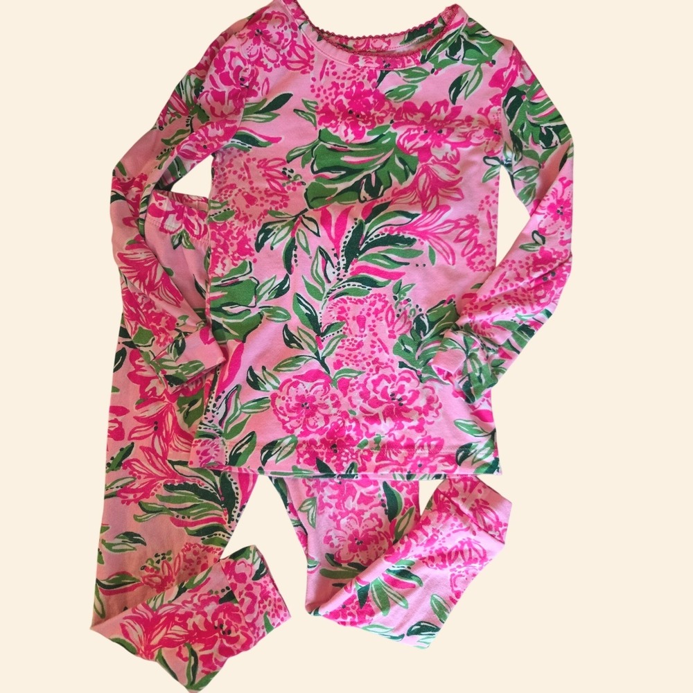 Lilly Pulitzer Girls Pink Green Floral Long Sleeve Pajama Set Size 2